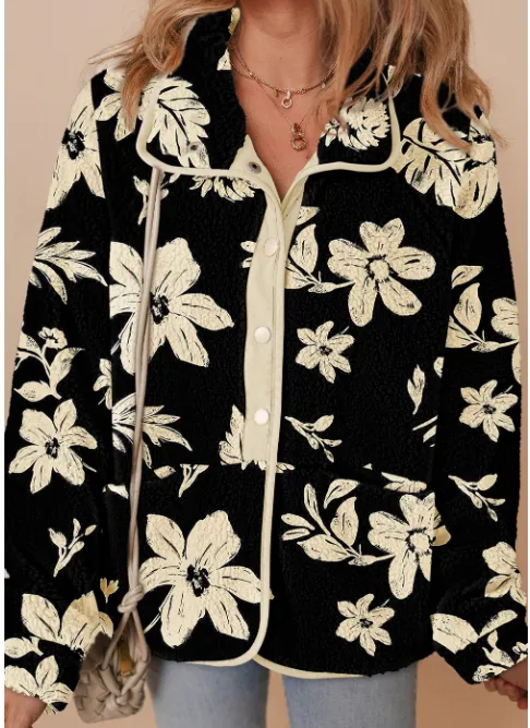 Multicolour Plaid Print Buttoned Stand Collar Fleece Jacket Black - Shop at LoveMi