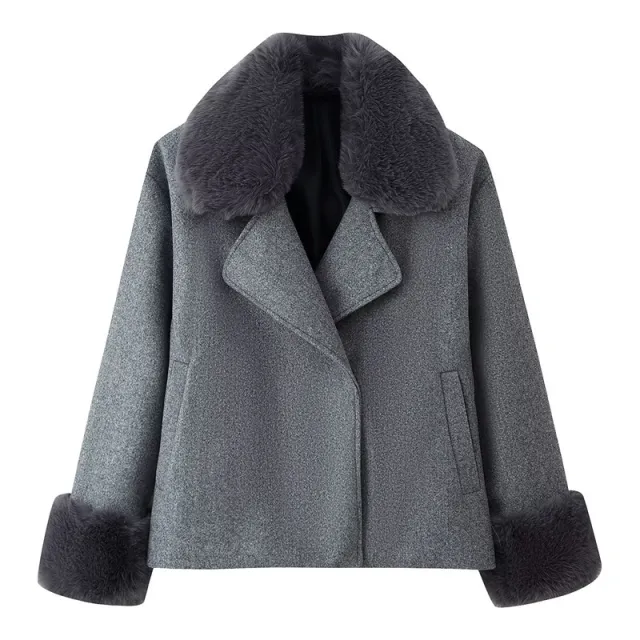 Women's Short Wool Coat With Fur Collar Decoration Gray - Shop at LoveMi