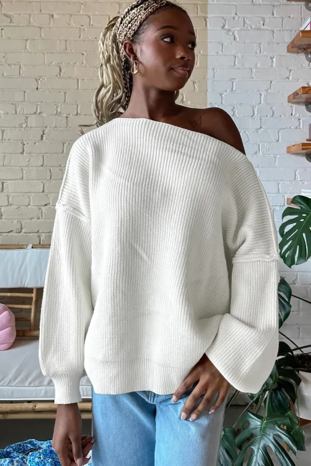 Women's Loose Casual Off shoulder Asymmetric Collar Sweater White - Shop at LoveMi