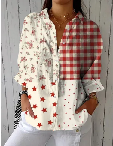 Flowers Print Long Sleeve Shirt Fashion Stand Collar Button Tops For Women Clothing - Style5
