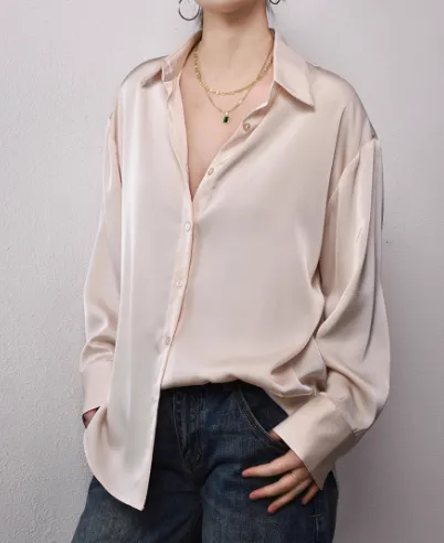 Loose Oversized Drop Shoulder High end Drape Lazy Luster Shirt Apricot - Shop at LoveMi