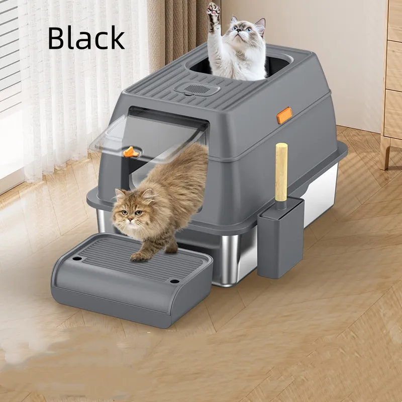 Large Anti-odor Fully Enclosed Stainless Steel Litter Box - Black