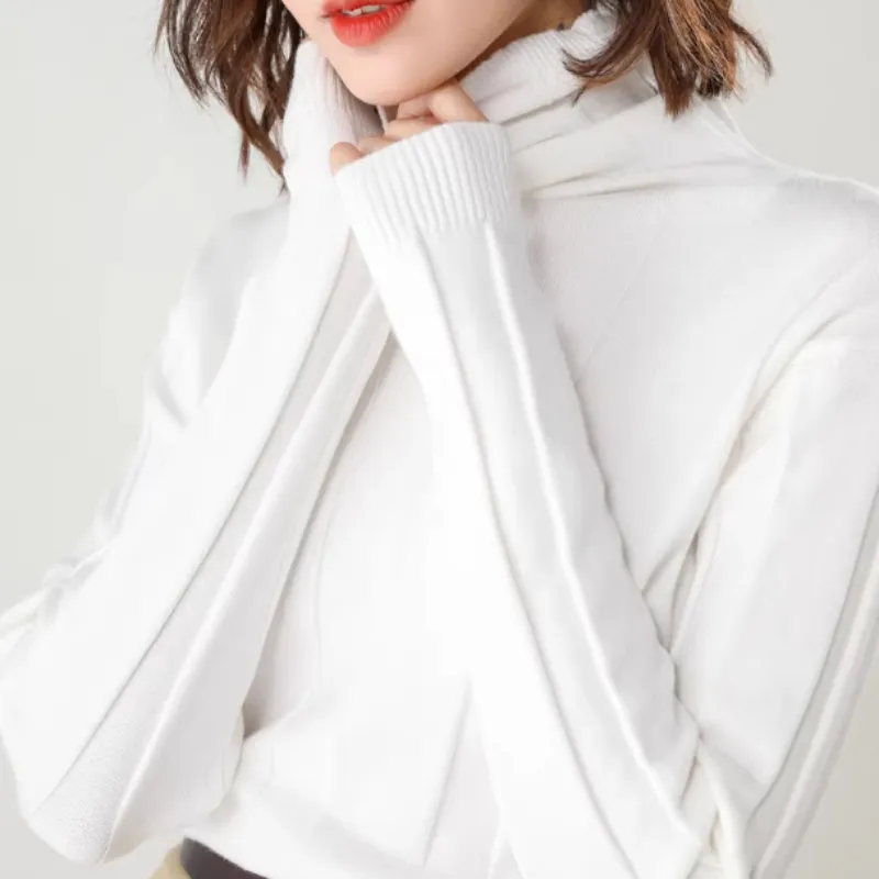 Hollow Pile Neck Turtleneck Loose Sweater - White