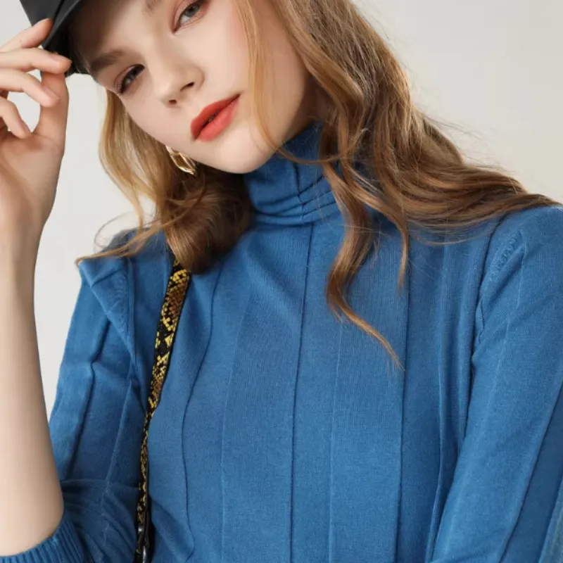 Hollow Pile Neck Turtleneck Loose Sweater - Denim Blue