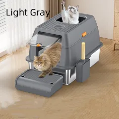 Large Anti-odor Fully Enclosed Stainless Steel Litter Box - Light Grey - View 1