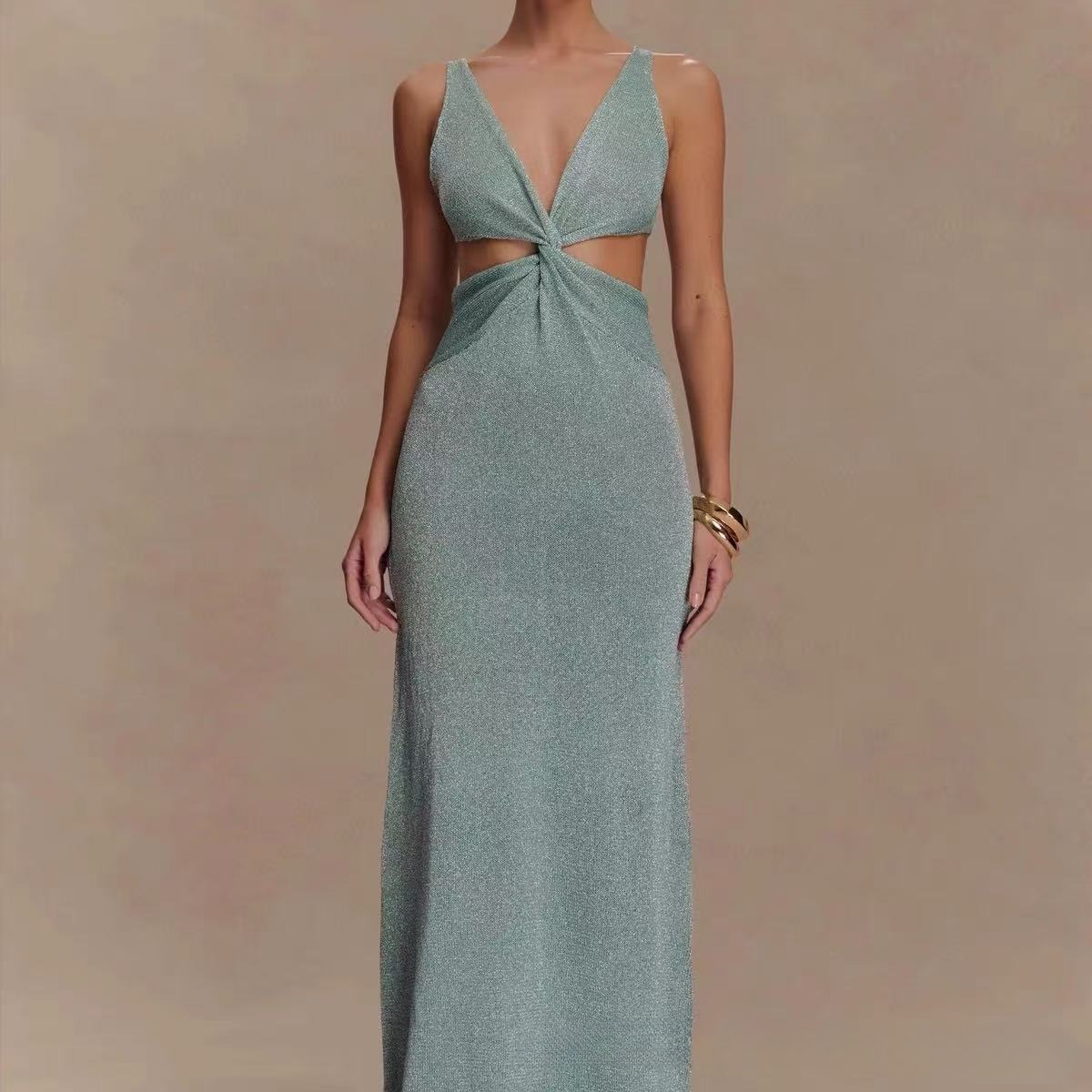 Sexy Twisted Vest Gold And Silver Wire Spring And Summer V neck Dress Silver White Green - Shop at LoveMi