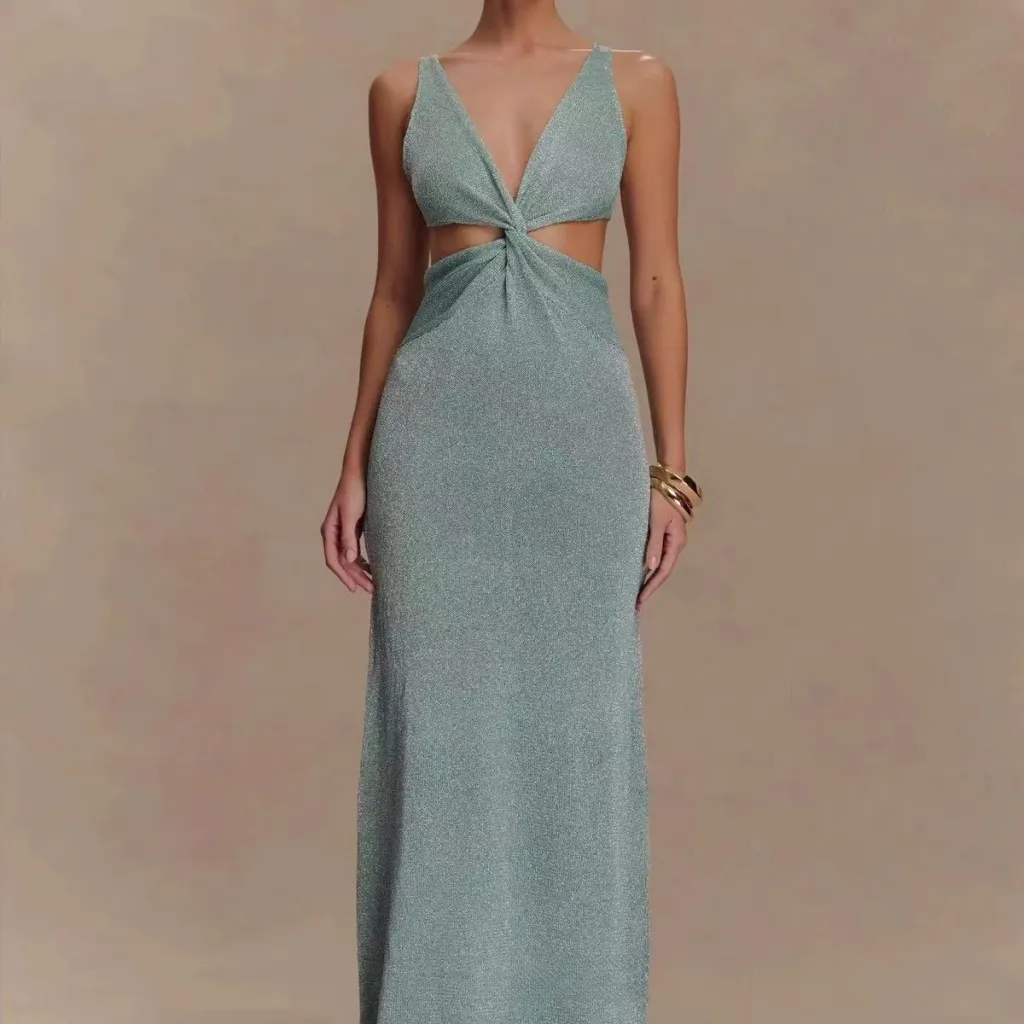 Sexy Twisted Vest Gold And Silver Wire Spring And Summer V-neck Dress - Green