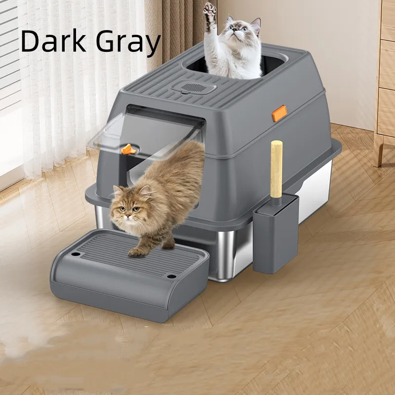 Large Anti-odor Fully Enclosed Stainless Steel Litter Box - Dark Gray