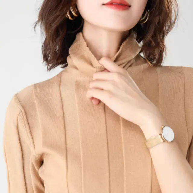 Hollow Pile Neck Turtleneck Loose Sweater Camel - Shop at LoveMi
