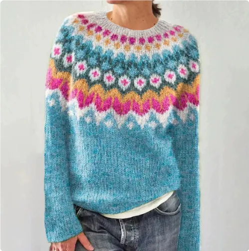 Printed Round Neck Sweater Thick Needle Fabric Blue - Shop at LoveMi