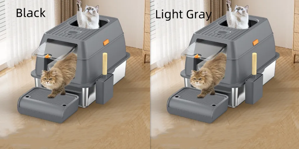 Large Anti-odor Fully Enclosed Stainless Steel Litter Box - Black And Light Gray
