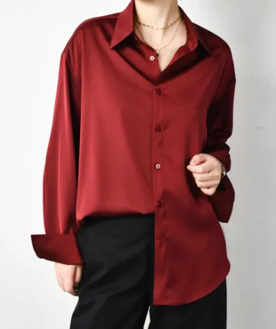 Loose Oversized Drop Shoulder High end Drape Lazy Luster Shirt Red - Shop at LoveMi