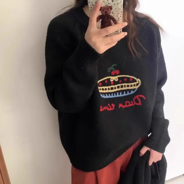 Cake Round Neck Embroidered Sweater Women Versatile Black - Shop at LoveMi