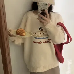 Cake Round Neck Embroidered Sweater Women Versatile - Creamy White - View 1