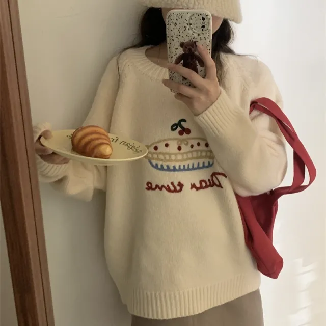 Cake Round Neck Embroidered Sweater Women Versatile Creamy White - Shop at LoveMi