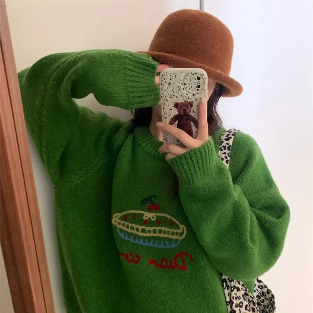 Cake Round Neck Embroidered Sweater Women Versatile Green - Shop at LoveMi