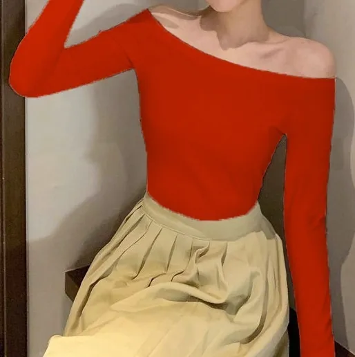 New Shoulder baring Top With Slim fit Long Sleeves Red - Shop at LoveMi