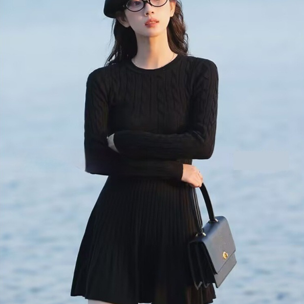 Long Sleeve Knit Dress Women Waist Slimming Black - Shop at LoveMi
