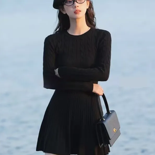 Long Sleeve Knit Dress Women Waist Slimming - Black