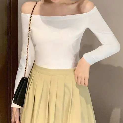 New Shoulder baring Top With Slim fit Long Sleeves White - Shop at LoveMi