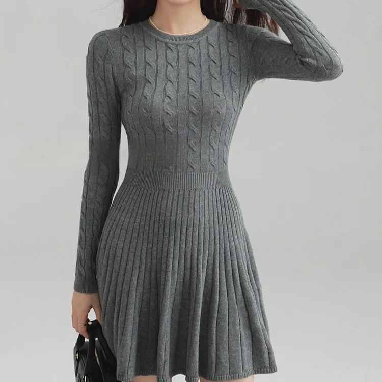 Long Sleeve Knit Dress Women Waist Slimming - Gray