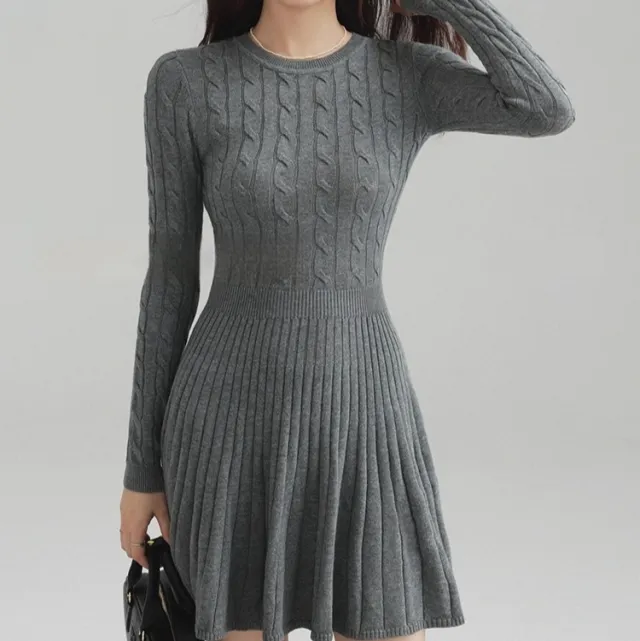 Long Sleeve Knit Dress Women Waist Slimming Gray - Shop at LoveMi