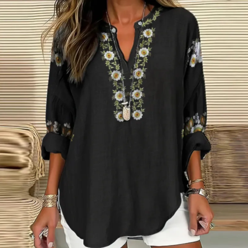 Women's Vintage Ethnic Floral Print Linen V-neck Long Sleeve Shirt - Floral