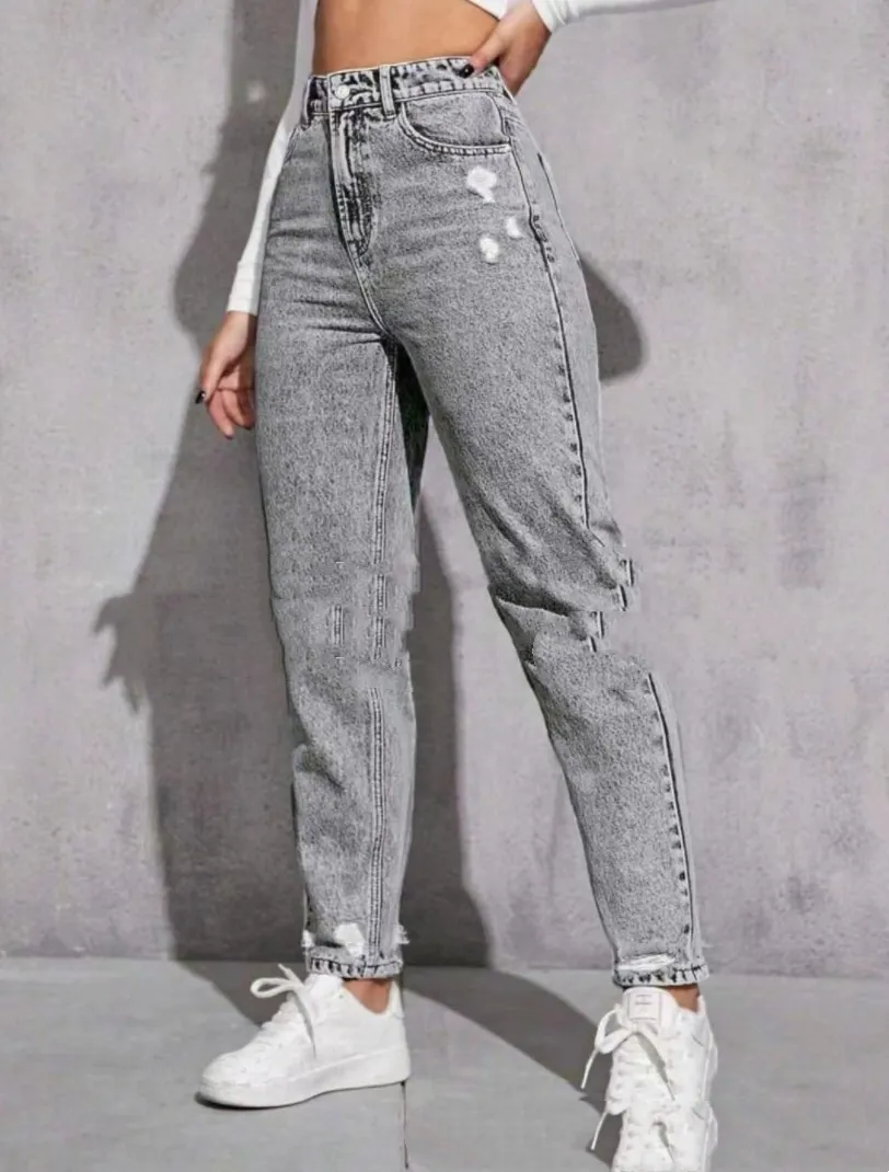 European And American Women's Casual Ripped Washed Jeans With Nine-part Calf - Gray