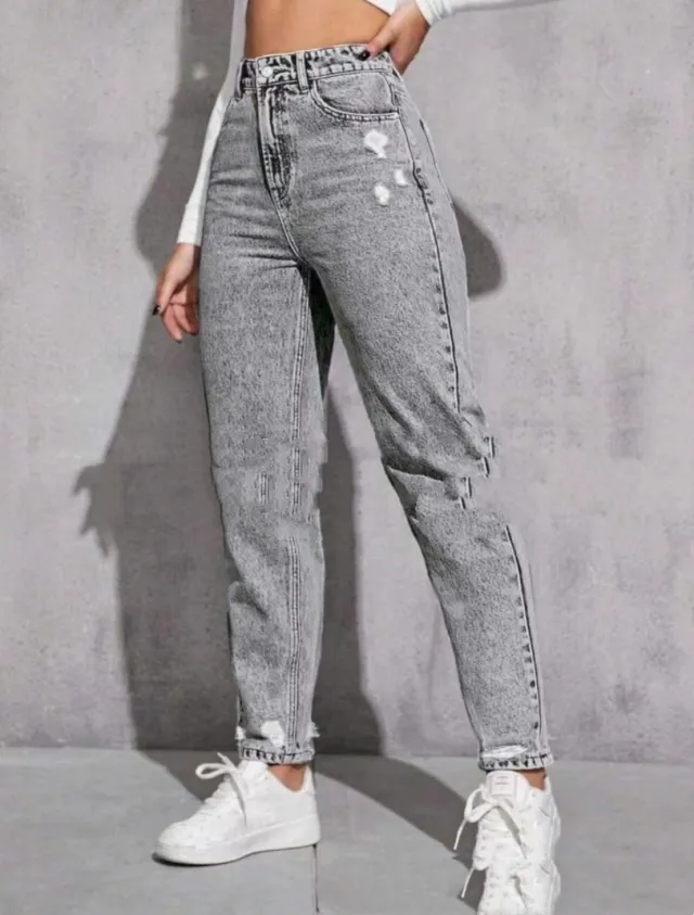 European And American Women's Casual Ripped Washed Jeans With Nine part Calf Gray - Shop at LoveMi