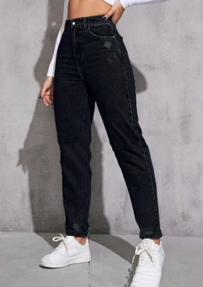European And American Women's Casual Ripped Washed Jeans With Nine-part Calf - Black