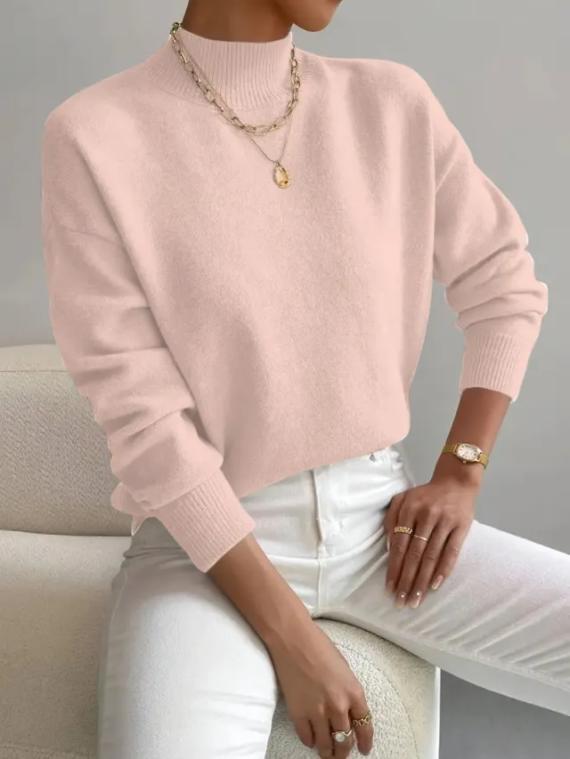 Women's Pullover Sweater Casual Solid Color Mid high Neck Long sleeved Knitted Tops Clothing Lotus Root Color Xxl - Shop at LoveMi