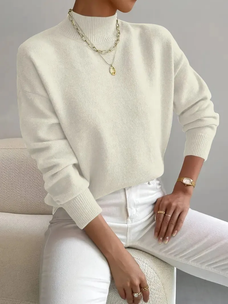 Women's Pullover Sweater Casual Solid Color Mid-high Neck Long-sleeved Knitted Tops Clothing - White
