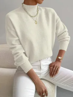 Women's Pullover Sweater Casual Solid Colour Mid-high Neck Long-sleeved Knitted Tops Clothing - White - View 1