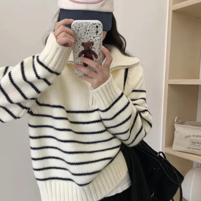 Half zip Stand Collar Women's Korean style Niche Striped Loose Sweater Beige - Shop at LoveMi