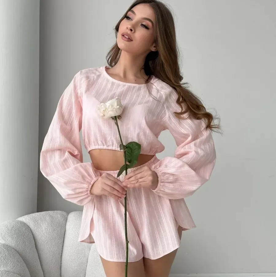 Long-sleeved Top With Slit Shorts Casual Wearable Set For Women - Pink