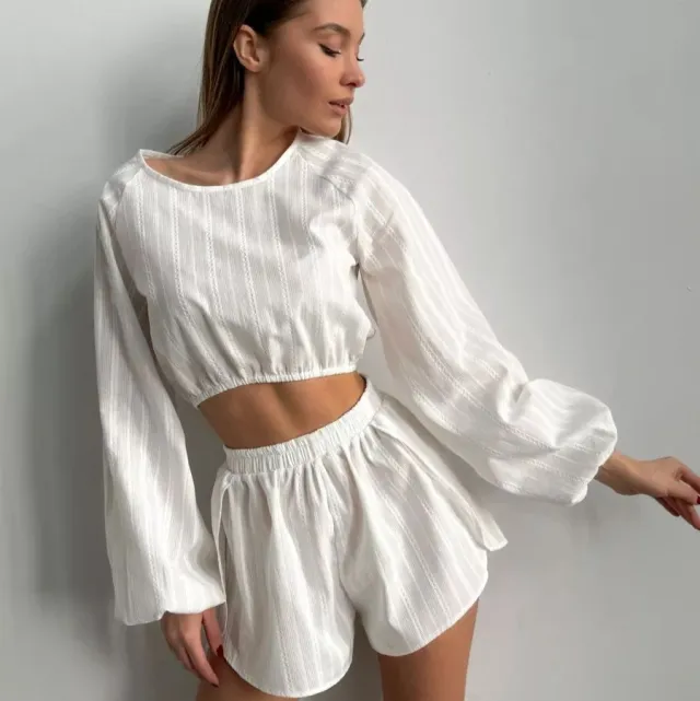 Long sleeved Top With Slit Shorts Casual Wearable Set For Women White - Shop at LoveMi
