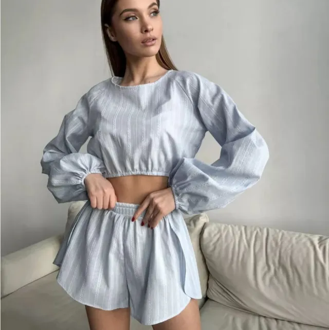 Long sleeved Top With Slit Shorts Casual Wearable Set For Women Light Blue - Shop at LoveMi