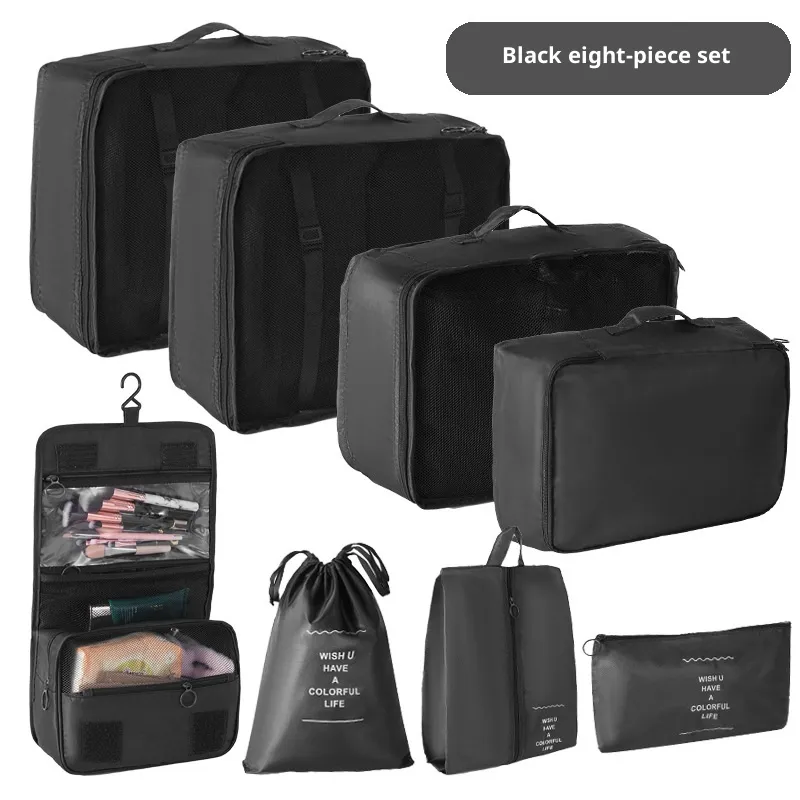 Travel Storage Bag 8-Piece Set Suitcase Clothing Organizer - Black