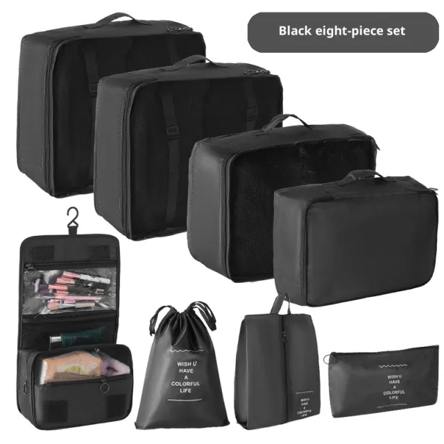 Travel Storage Bag 8 Piece Set Suitcase Clothing Organizer Black - Shop at LoveMi
