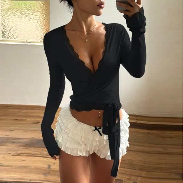 European And American Style Lace V neck Lace Up Long Sleeve Black - Shop at LoveMi