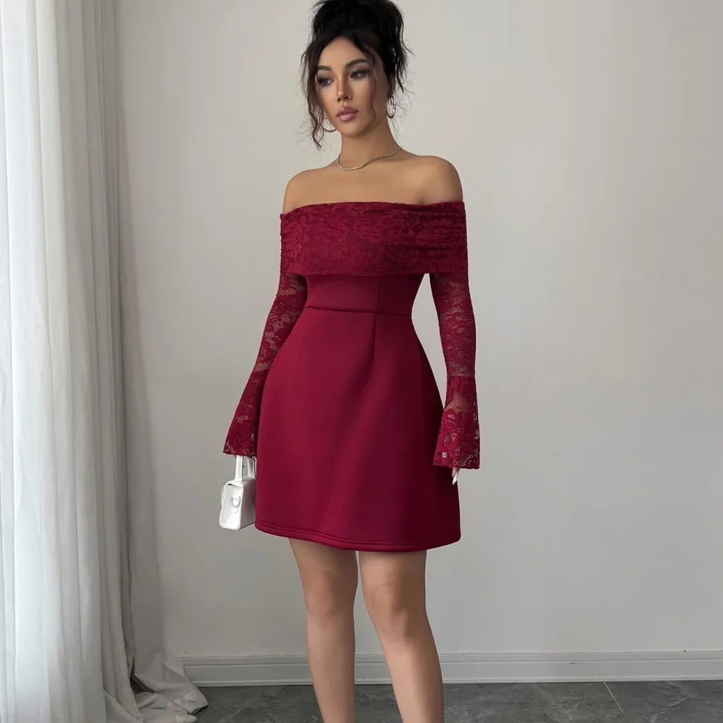 Lace Long Sleeve Maxi Dress Women's Clothing - Wine