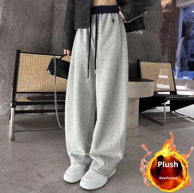 Embroidered Color block High waist Fleece Wide leg Pants Women High Grade Gray - Shop at LoveMi