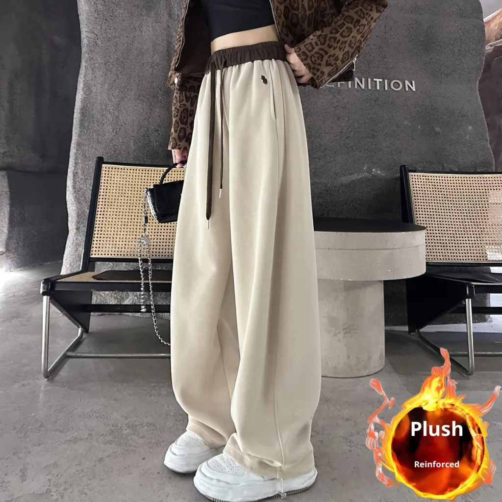 Embroidered Color-block High-waist Fleece Wide-leg Pants Women - Milk Tea Color