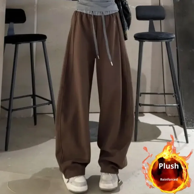 Embroidered Color block High waist Fleece Wide leg Pants Women Coffee - Shop at LoveMi
