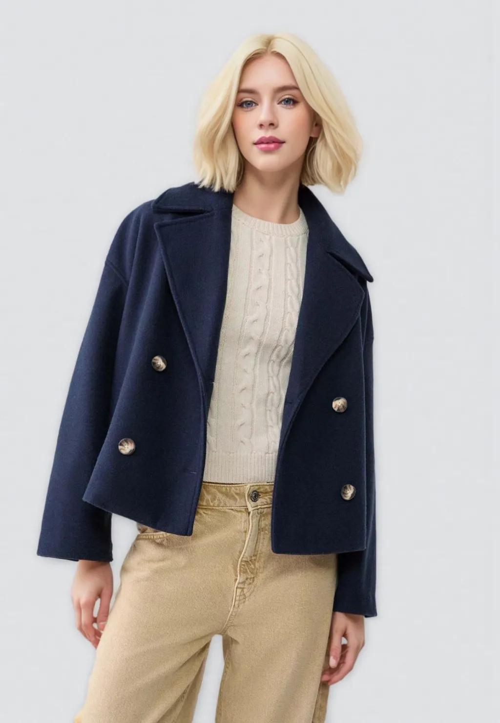 Foreign Trade European And American Women's Clothing Long Sleeve Coat Overcoat - Dark Blue