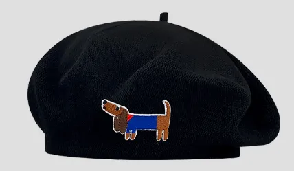 Cute Embroidered Dog Hollow out Thin Knit Beret Black - Shop at LoveMi