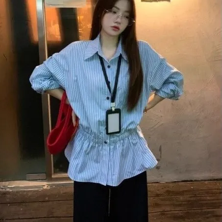Korean style Versatile Striped Collar Women's Fashion Slim fit Shirt Blue - Shop at LoveMi
