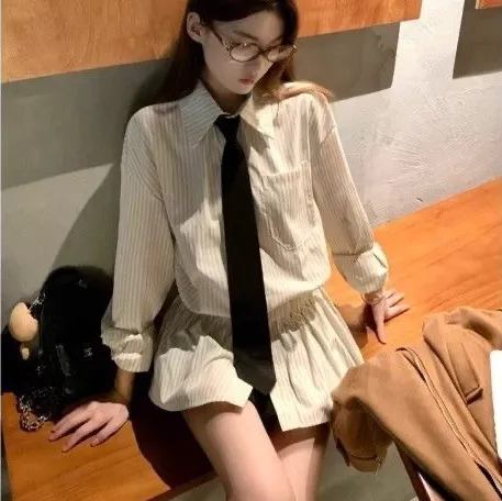 Korean style Versatile Striped Collar Women's Fashion Slim fit Shirt Apricot - Shop at LoveMi