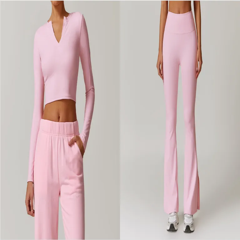 Skinny Peach Hip Raise Yoga Pants Running Sports Bell-bottom Pants - Cherry Blossom Pink Set