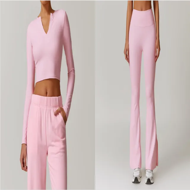 Skinny Peach Hip Raise Yoga Pants Running Sports Bell bottom Pants Cherry Blossom Pink Set - Shop at LoveMi
